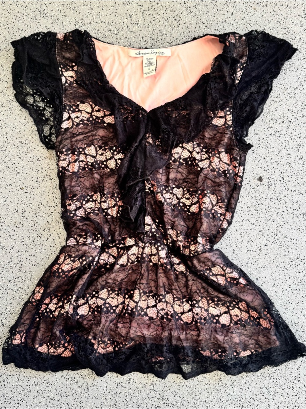 American Rag Black Lace Short Sleeve Top with Pink Lining